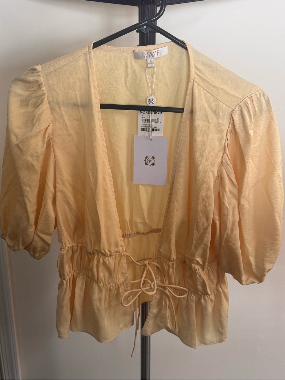 WAYF Women's Pale Yellow Drawstring Puff-Sleeve Blouse
